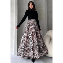 Fav Style Kadın Yüksek Bel Çift Cepli Leopar Desenli Uzun Çan Etek