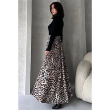 Fav Style Kadın Yüksek Bel Çift Cepli Leopar Desenli Uzun Çan Etek