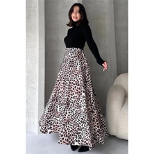 Fav Style Kadın Yüksek Bel Çift Cepli Leopar Desenli Uzun Çan Etek
