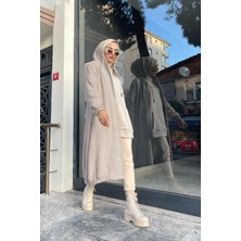 Düğmeli Kapşonlu Kap Bej