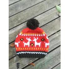 Geyik Desenli El Örgüsü Unisex Çocuk Bere