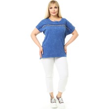 Mia Butik Büyük Beden Mavi Omuzları Taş Detaylı Bluz