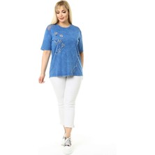 Mia Butik Büyük Beden Mavi Omuzları File Detaylı Bluz