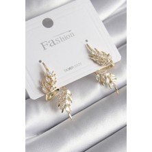 Shopzum Pirinç Gold Renk Zirkon Taşlı Yaprak Model Kadın Küpe