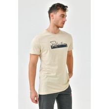 Bej Baskı Detaylı O Yaka Standart Kalıp Erkek T-Shirt