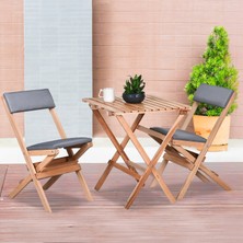 Bysay Ahşap Katlanır Döşeme Minderli 3 Lü Bistro Set Bahçe Takımı (Naturel-Gri)