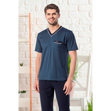 Kly V Yaka Kısa Kollu Çok Rahat Desenli Damat Pijama Takımı