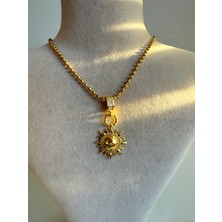 Zirkon Taş Detaylı Güneş Gold Çelik Kolye