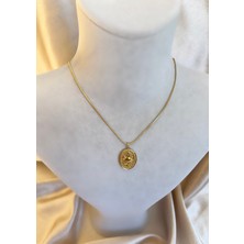 Vintage Güneş Desen Plaka Gold Çelik Kolye