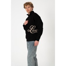 Sw Yarım Fermuar Siyah Işlemeli Şardonlu Sweatshirt