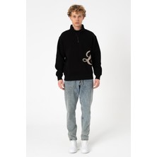 Sw Yarım Fermuar Siyah Işlemeli Şardonlu Sweatshirt