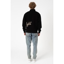 Sw Yarım Fermuar Siyah Işlemeli Şardonlu Sweatshirt