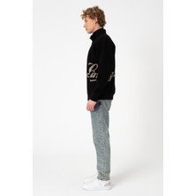 Sw Yarım Fermuar Siyah Işlemeli Şardonlu Sweatshirt