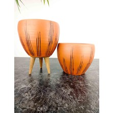 Tasarımı Ev Dekorasyon Siyah Çizgi Desenli Terrakota Toprak Saksı Saksılık Salon Çiçeklik Ikili Set Ayaksız - 3 Ayaklı- 15 cm