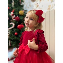 Mia Bambim Kadife Kabarık Etekli Kız Çocuk Elbise Bandana Takımı Kırmızı