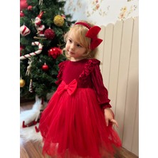 Mia Bambim Kadife Kabarık Etekli Kız Çocuk Elbise Bandana Takımı Kırmızı