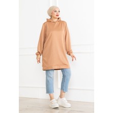 Fatella Kadın Kapüşonlu Bej Uzun Tesettür Tunik Sweatshirt