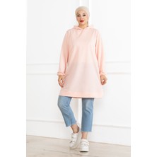 Fatella Kadın Kapüşonlu Pembe Uzun Tesettür Tunik Sweatshirt