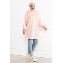 Fatella Kadın Kapüşonlu Pembe Uzun Tesettür Tunik Sweatshirt