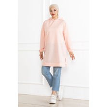 Fatella Kadın Kapüşonlu Pembe Uzun Tesettür Tunik Sweatshirt