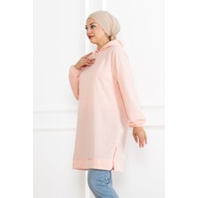 Fatella Kadın Kapüşonlu Pembe Uzun Tesettür Tunik Sweatshirt