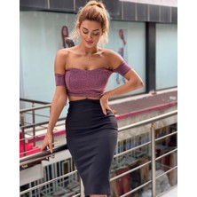 Koyu Pembe  Simli Kumaş Büstiyer