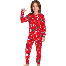 Yılbaşı Temalı Pamuk Unisex Çocuk Bisiklet Yaka Pijama Takımı