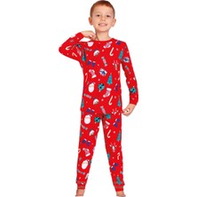 Yılbaşı Temalı Pamuk Unisex Çocuk Bisiklet Yaka Pijama Takımı