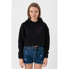 Tshirthane Blackpink Rose Signature Siyah Kadın Crop Kapşonlu