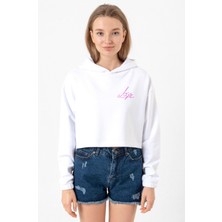 Tshirthane Blackpink Lisa Signature Beyaz Optik Kadın Crop Kapşonlu