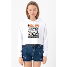 Tshirthane Demon Slayer Anime Super Yummy Beyaz Optik Kadın Crop Kapşonlu