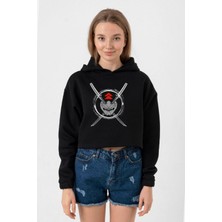 Tshirthane Ghost Of Tsushima Samurai Mask Siyah Kadın Crop Kapşonlu