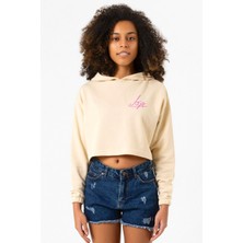 Tshirthane Blackpink Lisa Signature Bej Kadın Crop Kapşonlu
