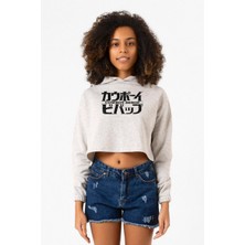 Tshirthane Cowboy Bebop Retro Letter Logo Beyaz Kırçıllı Kadın Crop Kapşonlu