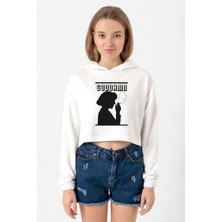 Tshirthane Pulp Fiction  Goddamn Ekru Kadın Crop Kapşonlu
