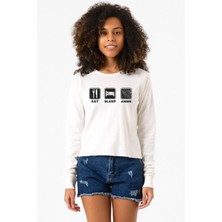 Tshirthane Eat Sleep Anime Ekstra Uzunkol Sweatshirt Ekru