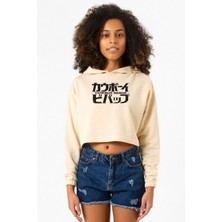 Tshirthane Cowboy Bebop Retro Letter Logo Bej Kadın Crop Kapşonlu