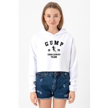 Tshirthane Forrest Gump Cross Country Team Beyaz Optik Kadın Crop Kapşonlu
