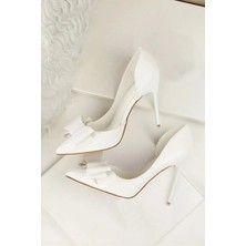 Trendy Anka Kadın Beyaz Cilt 8cm Ince Şeffaf Kapak Topuklu Stiletto Ayakkabı