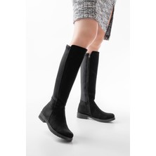 Shemard Siyah Süet Arka Streç Fermuarlı Günlük Kadın Çizme