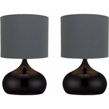 2 Adet Gri Kumaş Şapkalı Metal Ayaklı Elips Modelli Masa Konidin Yatak Odası Abajuru