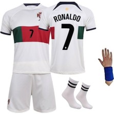 C.ronaldo Portekiz Kırmızı-Beyaz Çocuk Forma Takımı 4'lü Set Çorap+Bileklik Hediyeli