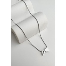 Çelik Kalp Detaylı P Harfi Kolye (45CM+5CM)