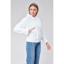 Vioshine Kadın Kapüşonlu Peluş Cepli Welsof Hırka Fermuarlı Ceketi