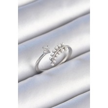 Shopzum Pirinç Gümüş Renk Zirkon Taşlı Incili Yaprak Model Kadın Yüzük