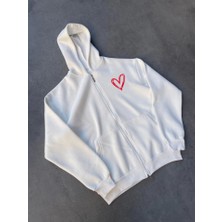 Nnstartshopping   Üç Iplik Baskılı Fermuarlı Kapşonlu Hırka - Beyaz