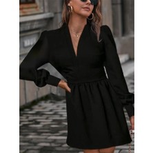 Nnstartshopping  Kadın Uzun Kollu V Yaka Belden Hafif Pileli Scuba Krep Mini Boy Elbise