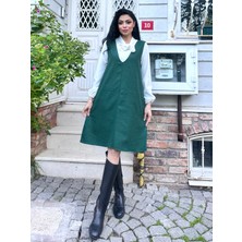 Küçüğüm Butik Yeşil Renk Kısa Kaşe V Yaka Jile Elbise