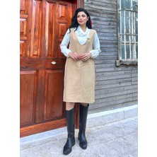 Küçüğüm Butik Bej Rengi Kısa Kaşe V Yaka Jile Elbise