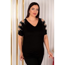 Esina Kadın Siyah Viskon Bluz Omuzu Açık Pul Işlemeli Şık Tasarım ile Feminen Stil